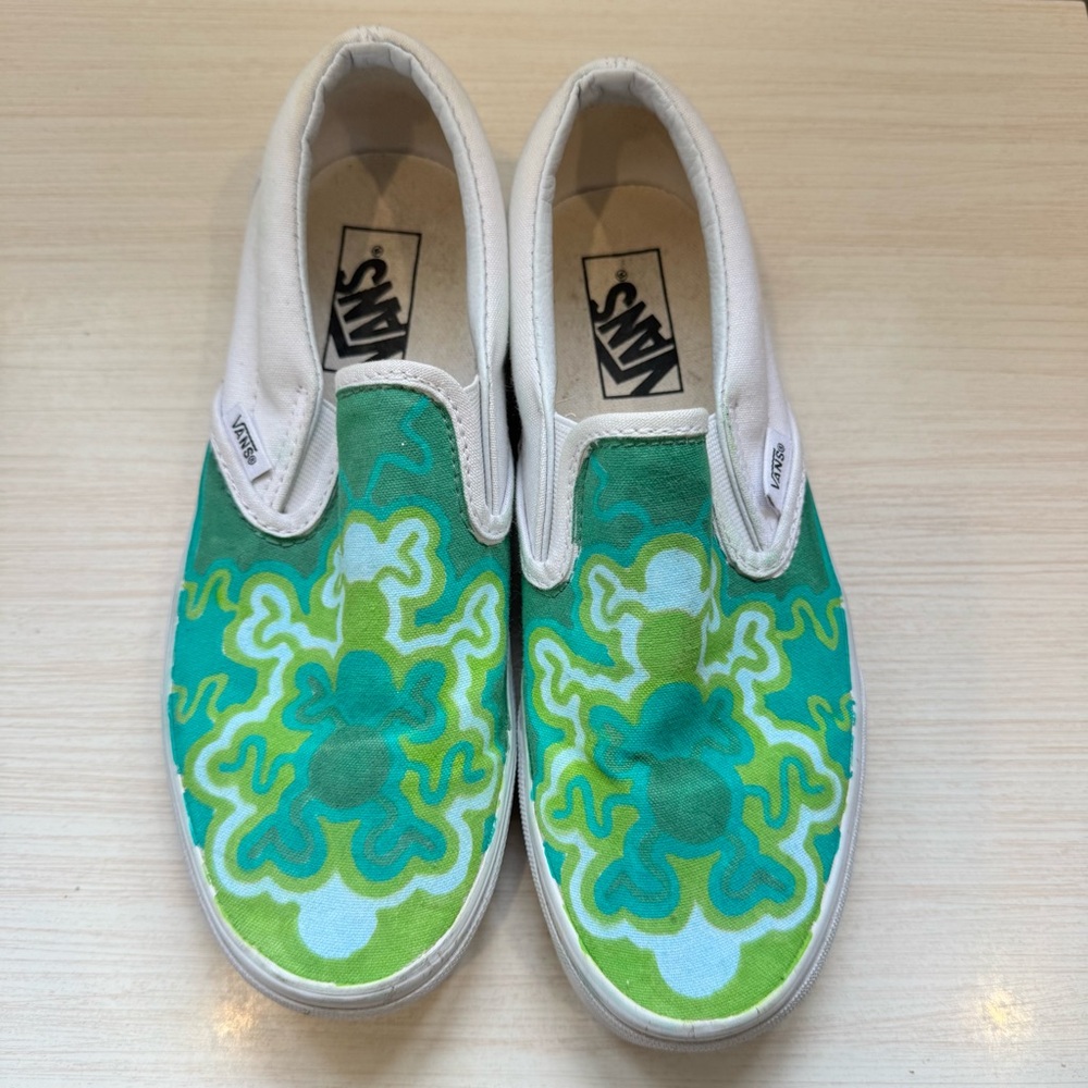 Vans Green and White Slip-On Shoes custom painted size 7 women’s men size 5.5